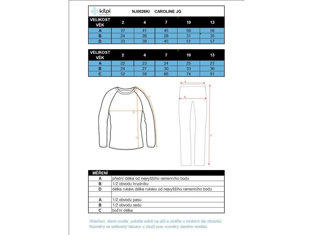 velikostní tabulka Kilpi Caroline-J